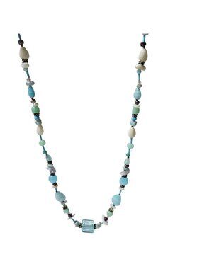 Vintage Handcrafted Beaded Necklace Blue White Beads Silver Tone Accents Jewelry